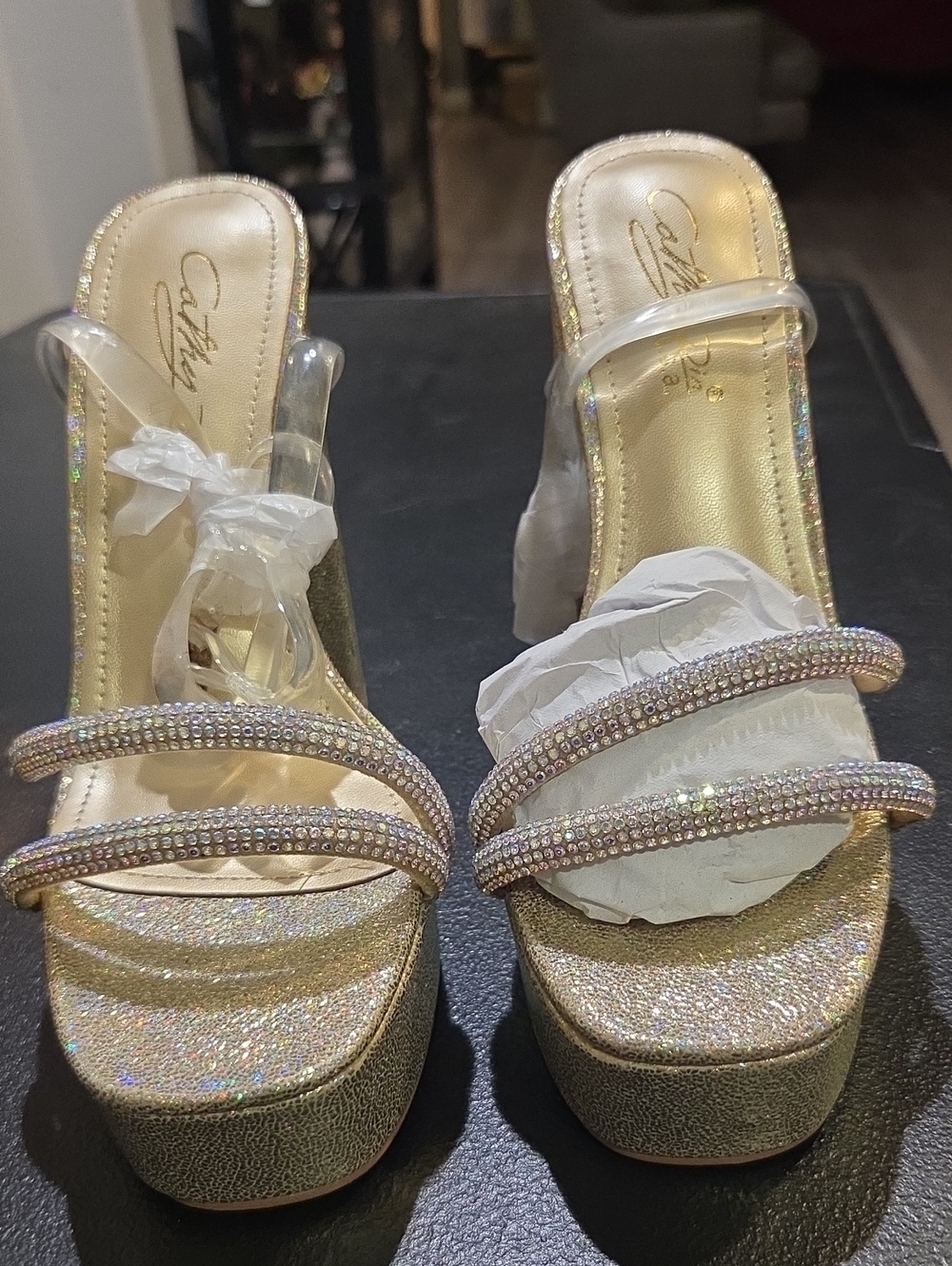 Cathy Din Gold Rhinestone Platform Sandals